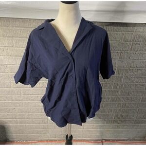 New HOTTOUCH Navy Blue Collared Short Sleeve Button Up Shirt Women's Size S